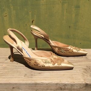 Manolo Blahnik  Satin Beaded Slingback Pumps